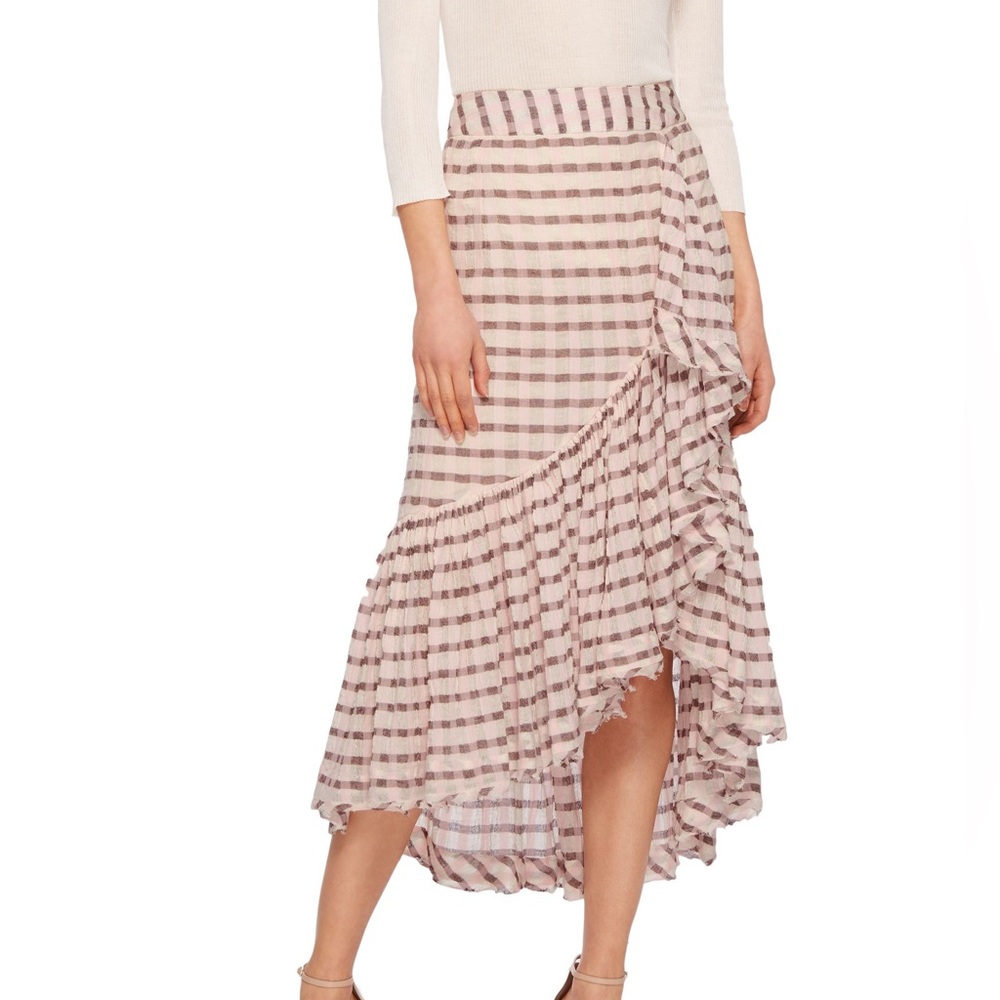 Ulla Johnson Gretchen Ruffle Asymmetrical Hem Midi Skirt Pink white plaid Size 2